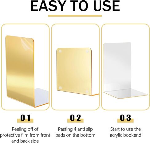 24 Pcs Acrylic Bookends Gold Book Ends for Shelves, Gold Organizer with Silicone Non-Slip Mats, Book Holder Stand Decorative, Stoppers for Heavy Duty Books, Cd, File, Video Games in Saudi Arabia