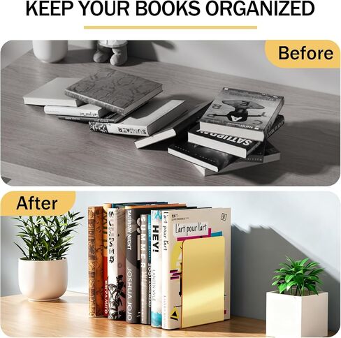 24 Pcs Acrylic Bookends Gold Book Ends for Shelves, Gold Organizer with Silicone Non-Slip Mats, Book Holder Stand Decorative, Stoppers for Heavy Duty Books, Cd, File, Video Games in Saudi Arabia