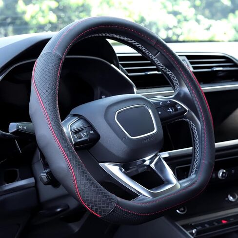 D-Type Design 14.5-15 inches Microfiber Leather car Steering Wheel Cover with Massage Function (Black with Red line) can be Used in New Energy Electric Vehicles in Saudi Arabia