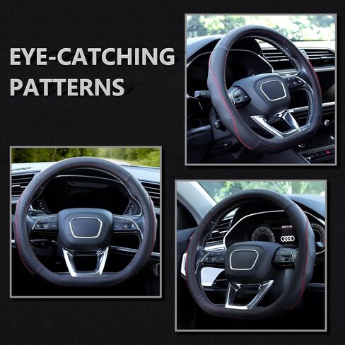 D-Type Design 14.5-15 inches Microfiber Leather car Steering Wheel Cover with Massage Function (Black with Red line) can be Used in New Energy Electric Vehicles in Saudi Arabia