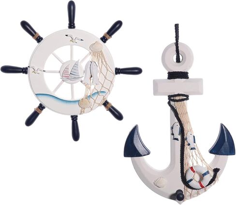عبوتان من ديكور الحائط مرساة بحرية مقاس 33 سم، ديكورات الشاطئ للمنزل، ديكورات بحرية للمنزل، مرساة خشبية وعجلة ديكور على الشاطئ للمنزل والجدار (أزرق داكن) in Kuwait
