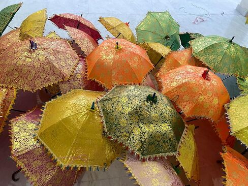 Indian Gold Printed Umbrella Traditional Multi designed Wedding | Brocade Umbrella Sun Parasols Decorations Indian Home Decor in Saudi Arabia