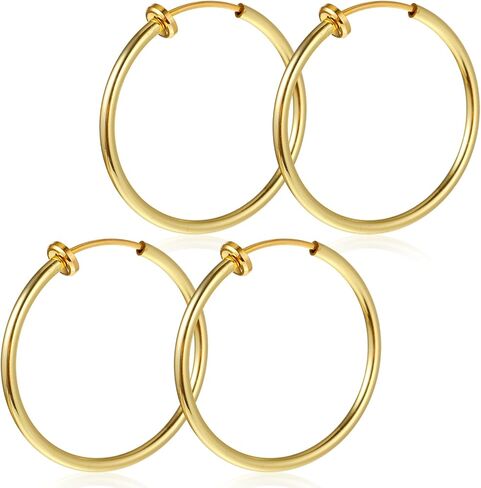 Gold Clip On Hoop Earrings for Women, Classic Chunky Hoops Gold-Tone Brass Spring Hoops for Non Pierced Minimalistic Clip Earrings in Saudi Arabia