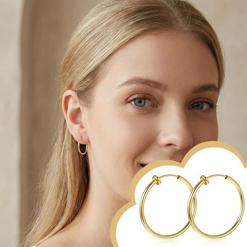Gold Clip On Hoop Earrings for Women, Classic Chunky Hoops Gold-Tone Brass Spring Hoops for Non Pierced Minimalistic Clip Earrings in Saudi Arabia