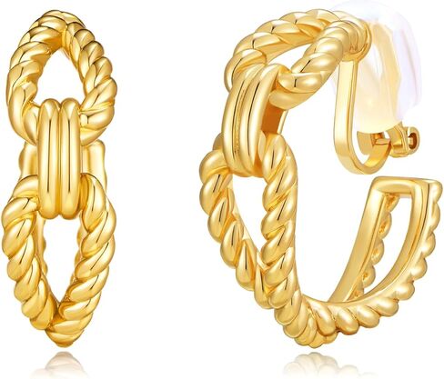 18k Gold Clip on Earrings for Women – Chunky Twisted Rope Hoop Earrings, Lightweight Non Pierced Link Drop Earrings with Soft Pads, Comfortable Vintage Fake Earring Cuffs Jewelry Gift in Saudi Arabia