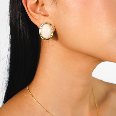 Layered Maeve 18k Gold Plated Clip-On Earrings for Women – Large Oval Natural Cream Opal Statement Studs – Non-Pierced Vintage Style Jewelry in Saudi Arabia