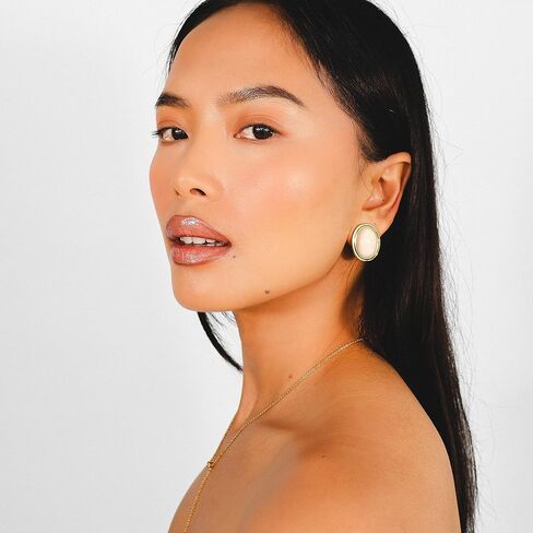 Layered Maeve 18k Gold Plated Clip-On Earrings for Women – Large Oval Natural Cream Opal Statement Studs – Non-Pierced Vintage Style Jewelry in Saudi Arabia