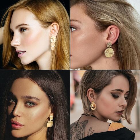 Clip on Earrings for Women Large Silver Clip On Earrings Set Geometric Leaf Round Dangle Earrings Jewelry 6 pairs in Saudi Arabia