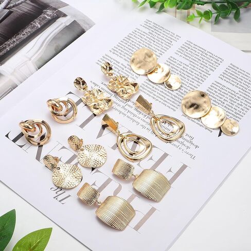 Clip on Earrings for Women Large Silver Clip On Earrings Set Geometric Leaf Round Dangle Earrings Jewelry 6 pairs in Saudi Arabia