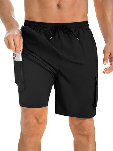 شورت سباحة رجالي مع بطانة ضغط سريعة الجفاف 2 في 1 شورت سباحة ملابس سباحة مع جيوب in Kuwait
