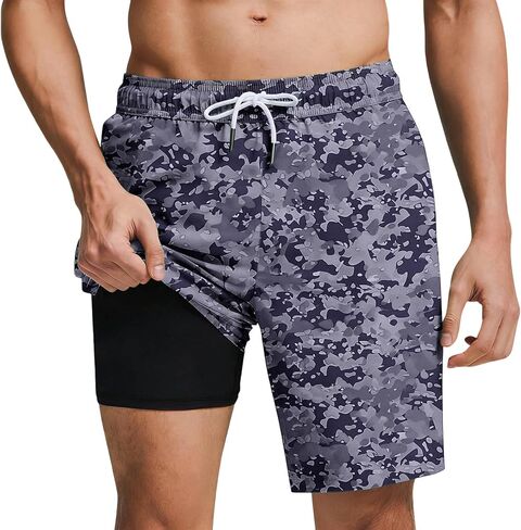 Mens Swim Trunks with Compression Liner 7 Inch Inseam Camouflage Hawaiian Beach Palm Tree Print Board Shorts in Saudi Arabia