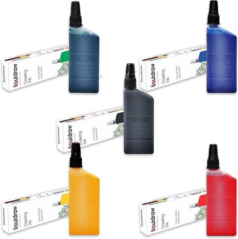 Liquidraw Technical Pen Ink - 5 x 0.85 fl oz (25 ml) | Assorted Colors | Waterproof Ink | Compatible with Rotring Isograph Pens | Plastic Refill Bottle, Screw-On Lid | Ideal for Drawing & Calligraphy in Saudi Arabia