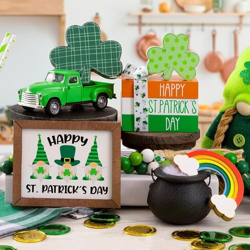 16 قطعة من زينة عيد القديس باتريك - ديكور يوم القديس باتريك - ديكور صينية متدرجة - ديكور خشبي لمنزل المزرعة يوم القديس باتريك - ديكور شامروك ريفي للمنزل - وعاء من العملات الذهبية in Kuwait