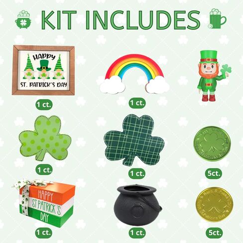 16 قطعة من زينة عيد القديس باتريك - ديكور يوم القديس باتريك - ديكور صينية متدرجة - ديكور خشبي لمنزل المزرعة يوم القديس باتريك - ديكور شامروك ريفي للمنزل - وعاء من العملات الذهبية in Kuwait