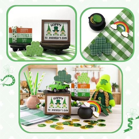 16 قطعة من زينة عيد القديس باتريك - ديكور يوم القديس باتريك - ديكور صينية متدرجة - ديكور خشبي لمنزل المزرعة يوم القديس باتريك - ديكور شامروك ريفي للمنزل - وعاء من العملات الذهبية in Kuwait