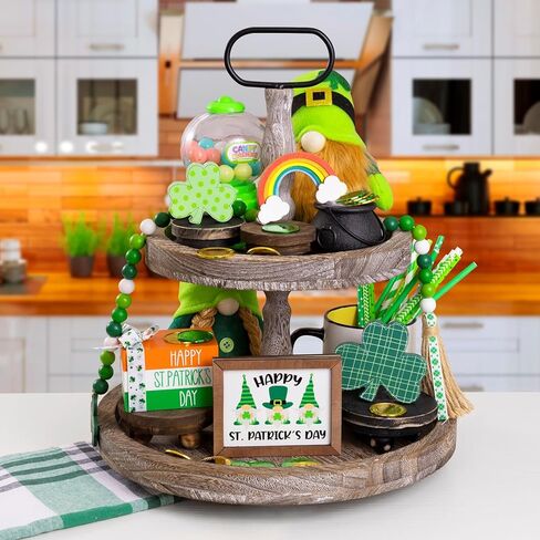 16 قطعة من زينة عيد القديس باتريك - ديكور يوم القديس باتريك - ديكور صينية متدرجة - ديكور خشبي لمنزل المزرعة يوم القديس باتريك - ديكور شامروك ريفي للمنزل - وعاء من العملات الذهبية in Kuwait