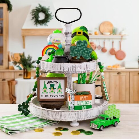 16 قطعة من زينة عيد القديس باتريك - ديكور يوم القديس باتريك - ديكور صينية متدرجة - ديكور خشبي لمنزل المزرعة يوم القديس باتريك - ديكور شامروك ريفي للمنزل - وعاء من العملات الذهبية in Kuwait