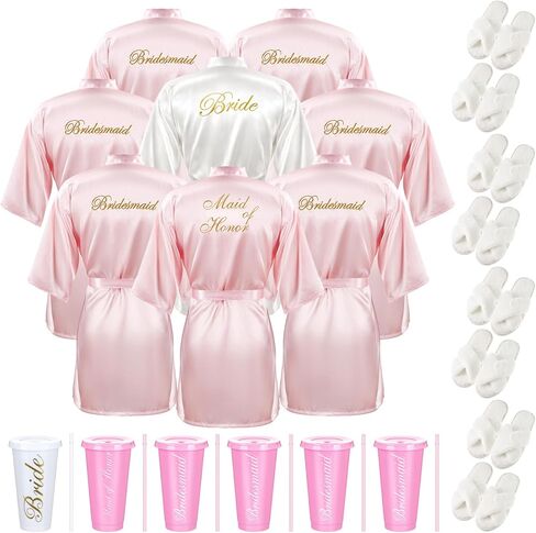 Bonuci 24 Pcs Bridesmaid Bride Robes Set of 8 Bridal Satin Robes Fluffy Slippers Drinking Cups for Wedding Bachelorette Party in Saudi Arabia