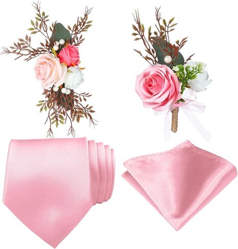 4 Pcs Ties and Pocket Square for Men Rose Corsage and Boutonniere Set Wristlet Band Bracelet Wedding Accessories in Saudi Arabia
