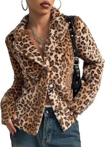 Sexyshine Women's Faux Fur Leopard Coat Winter Fall Lapel Collar Fuzzy Furry Button Down Fleece Fur Short Blazer Jackets in Saudi Arabia
