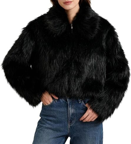 Amazhiyu Women's Faux Fur Zip Up Crop Coat Long Sleeve Lapel Jacket with Pockets in Saudi Arabia