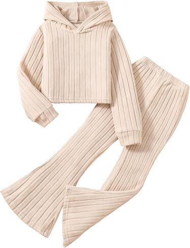 Kid Girls Clothes Set Ribbed Knit Long Sleeve Hoodie Sweatsuit and Flare Pants Set Fall Outfits for 8-12Y in Kuwait