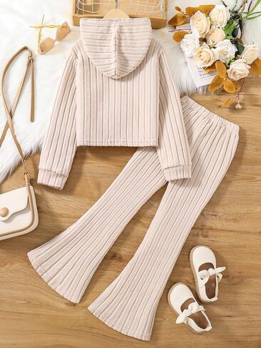 Kid Girls Clothes Set Ribbed Knit Long Sleeve Hoodie Sweatsuit and Flare Pants Set Fall Outfits for 8-12Y in Kuwait