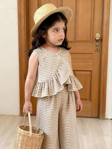 Girls Summer Outfit Set, Gingham Checked Sleeveless Ruffle Top with Wide Leg Pants, 2 Piece in Saudi Arabia