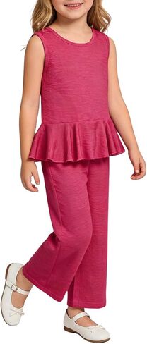Size 4-8 Girls Clothes Sleeveless Ruffle Tops Wide Leg Pants Kids Clothing Set 2 Pieces Summer Outfits in Saudi Arabia