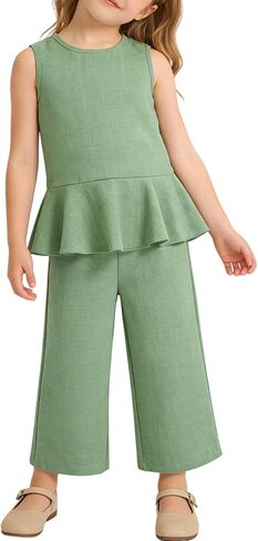 Size 4-8 Girls Clothes Sleeveless Ruffle Tops Wide Leg Pants Kids Clothing Set 2 Pieces Summer Outfits in Saudi Arabia