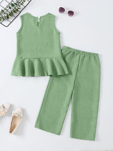 Size 4-8 Girls Clothes Sleeveless Ruffle Tops Wide Leg Pants Kids Clothing Set 2 Pieces Summer Outfits in Saudi Arabia