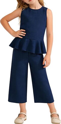 Size 4-8 Girls Clothes Sleeveless Ruffle Tops Wide Leg Pants Kids Clothing Set 2 Pieces Summer Outfits in Saudi Arabia