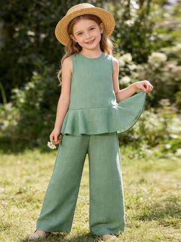Size 4-8 Girls Clothes Sleeveless Ruffle Tops Wide Leg Pants Kids Clothing Set 2 Pieces Summer Outfits in Saudi Arabia