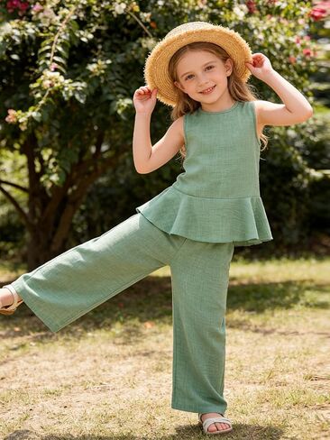 Size 4-8 Girls Clothes Sleeveless Ruffle Tops Wide Leg Pants Kids Clothing Set 2 Pieces Summer Outfits in Saudi Arabia