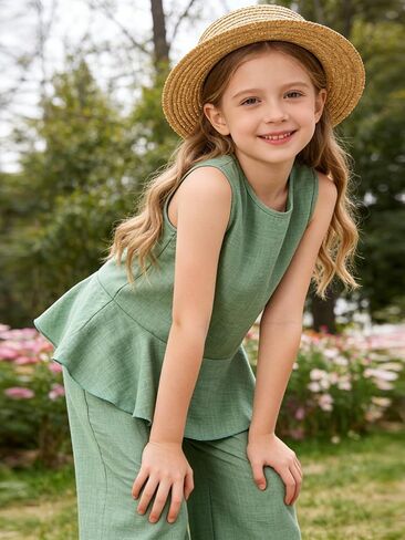 Size 4-8 Girls Clothes Sleeveless Ruffle Tops Wide Leg Pants Kids Clothing Set 2 Pieces Summer Outfits in Saudi Arabia