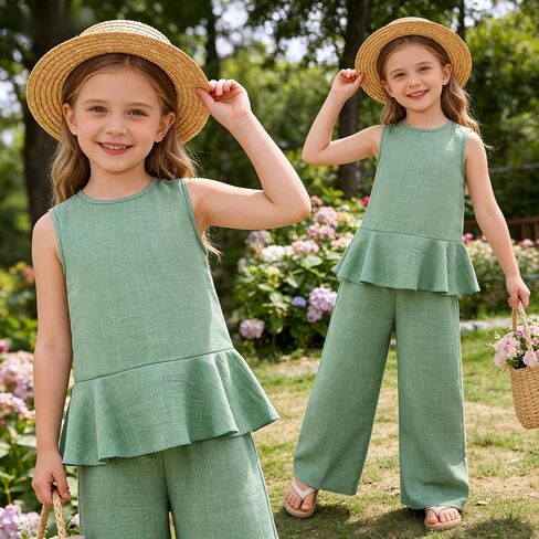 Size 4-8 Girls Clothes Sleeveless Ruffle Tops Wide Leg Pants Kids Clothing Set 2 Pieces Summer Outfits in Saudi Arabia