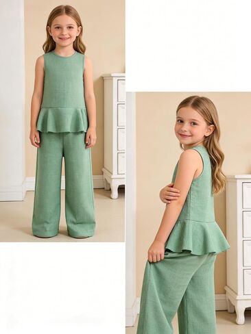 Size 4-8 Girls Clothes Sleeveless Ruffle Tops Wide Leg Pants Kids Clothing Set 2 Pieces Summer Outfits in Saudi Arabia