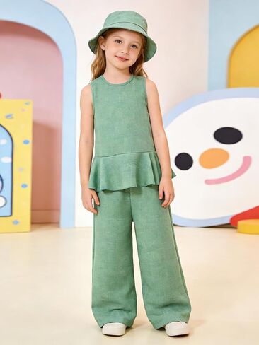 Size 4-8 Girls Clothes Sleeveless Ruffle Tops Wide Leg Pants Kids Clothing Set 2 Pieces Summer Outfits in Saudi Arabia