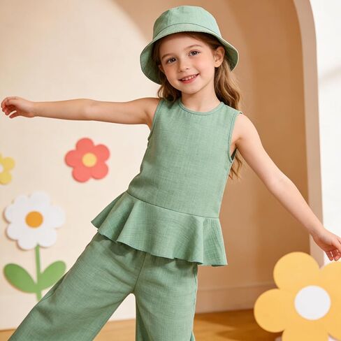 Size 4-8 Girls Clothes Sleeveless Ruffle Tops Wide Leg Pants Kids Clothing Set 2 Pieces Summer Outfits in Saudi Arabia