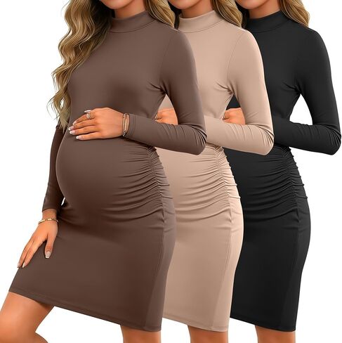 3 Pack Women's Maternity Dresses Long Sleeve Mock Neck Pregnancy Dress Side Ruched Knee Length Mama Clothes in Saudi Arabia