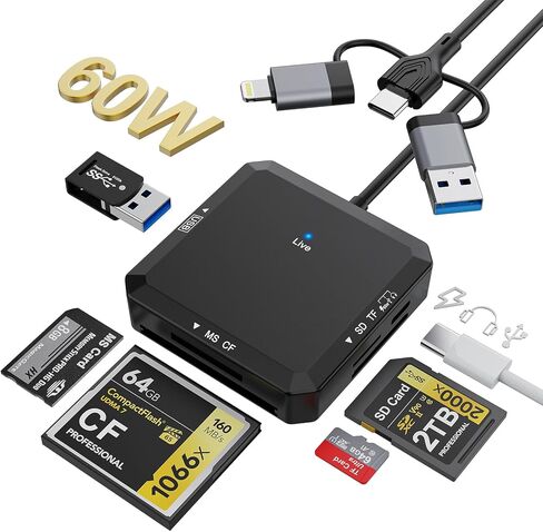 USB C Lightning SD TF Card Reader, 4-in-2 Memory Card Reader for iPhone 15/iPad/Mac/Laptop, Dual Connector Digital Camera Card Adapter with SD+TF+USB OTG+USB C Charging for Photography, Plug and Play in Saudi Arabia