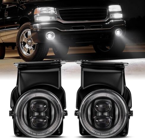 إصدار جديد من مجموعة مصابيح الضباب LED متوافقة مع 2003-2006 GMC Sierra 1500/2500/3500 & 2007 Sierra Classic Models OEM بديل مباشر لمصابيح الضباب المستديرة مصابيح القيادة الممتصة للصدمات باللون الأسود زوج واحد in Kuwait
