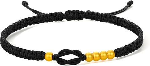 24K 999 Solid Gold Bracelet Round Bead Gold Charm Black Braided Bracelet for Women Men Couple Lover Jewelrys Valentine Anniversary Birthday 7.1-9.4" in Saudi Arabia