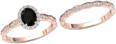 1CT-3CT البيضاوي قطع هالة Milgrain خاتم الزفاف مجموعة الأسود الجزع اليدوية خاتم الخطوبة للنساء هدايا الزفاف لها خاتم الماس الأسود 925 الفضة / 10K / 14K / 18K الذهب الصلب in Kuwait