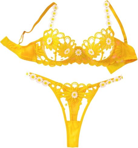 OYOANGLE Women's 2 Piece Floral Embroidered Mesh Sheer Lingerie Set Cute Underwire Bra G String Thong Sets in Saudi Arabia