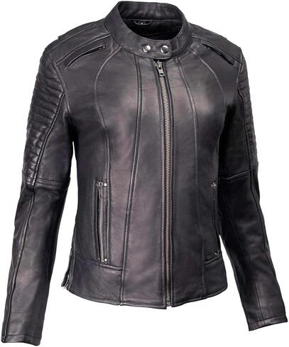 MILWAUKEE MOTORCYCLE CLOTHING CO. سترة نسائية من الجلد الفاخر بتصميم سكوتر مع ياقة ماندرين - كبير in Kuwait