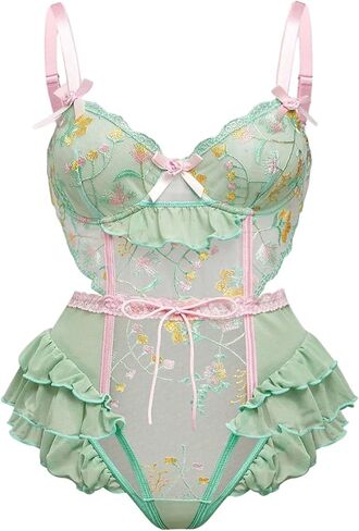ملابس داخلية نسائية من MakeMeChic بمقاس كبير لعيد الحب وعقدة على شكل فيونكة وشبكة شفافة بدون ظهر وكشكشة وطبقات in Saudi Arabia