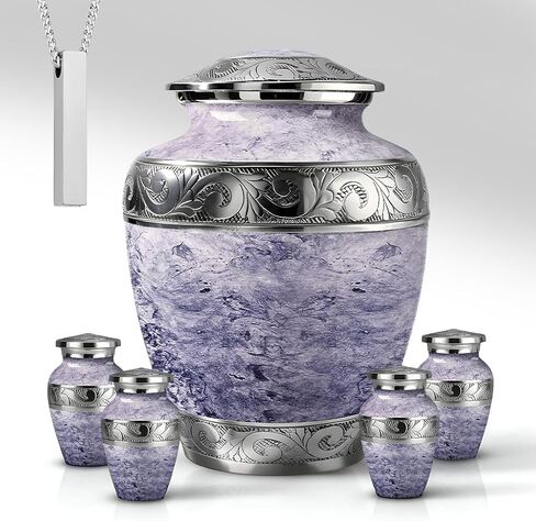 جرار حرق الجثث للرماد البشري - مجموعة تذكارية بيضاء اللون من الإناث البالغات والأمهات والرجال مكونة من 6 قطع مع جرة كبيرة واحدة و4 تذكار وقلادة واحدة in Kuwait