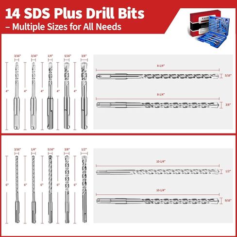 مجموعة لقم مثقاب مطرقة SDS Plus مكونة من 19 قطعة للخرسانة والأزاميل، مجموعة لقم مثقاب البناء ذات طرف كربيد متقاطع، لقم مثقاب خرسانة شديدة التحمل للطوب والحجر، تتضمن حقيبة تخزين in Kuwait