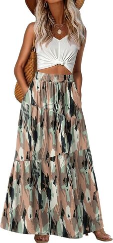 GRECERELLE Women's Boho Maxi Skirt Elastic High Waist Tiered A-Line Casual Summer Flowy Asymmetric Long Skirts with Pockets in Kuwait